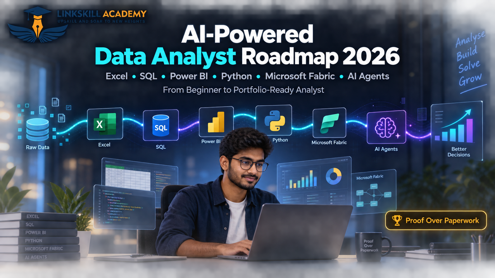 AI-Powered Data Analyst Roadmap 2026 — Excel, SQL, Power BI, Fabric, AI Agents
