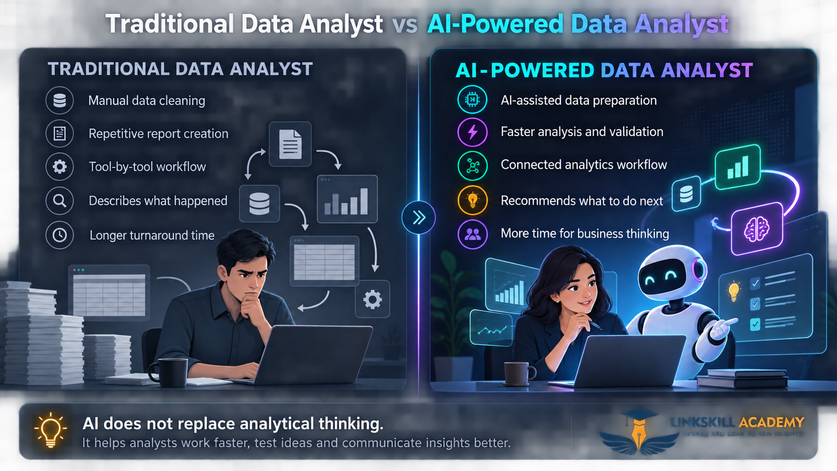 Traditional Data Analyst vs AI-Powered Data Analyst comparison