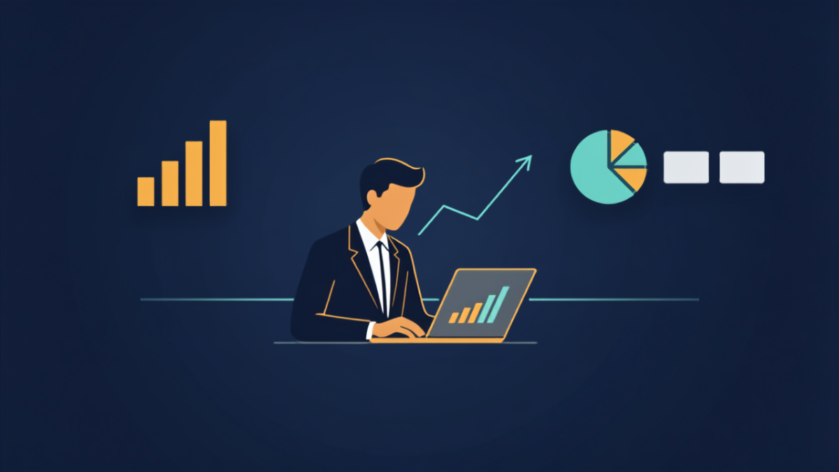 Custom Linkskill Academy illustration of an analyst building a business dashboard with bar charts, a trend line and a pie chart