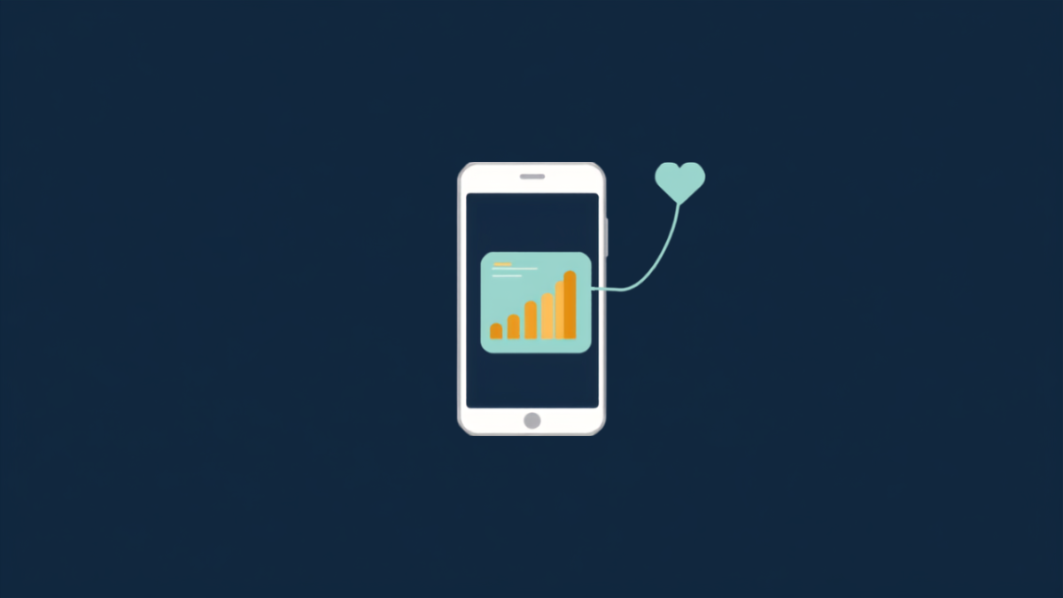 Custom illustration of a phone displaying a dashboard chart being shared, with a heart icon