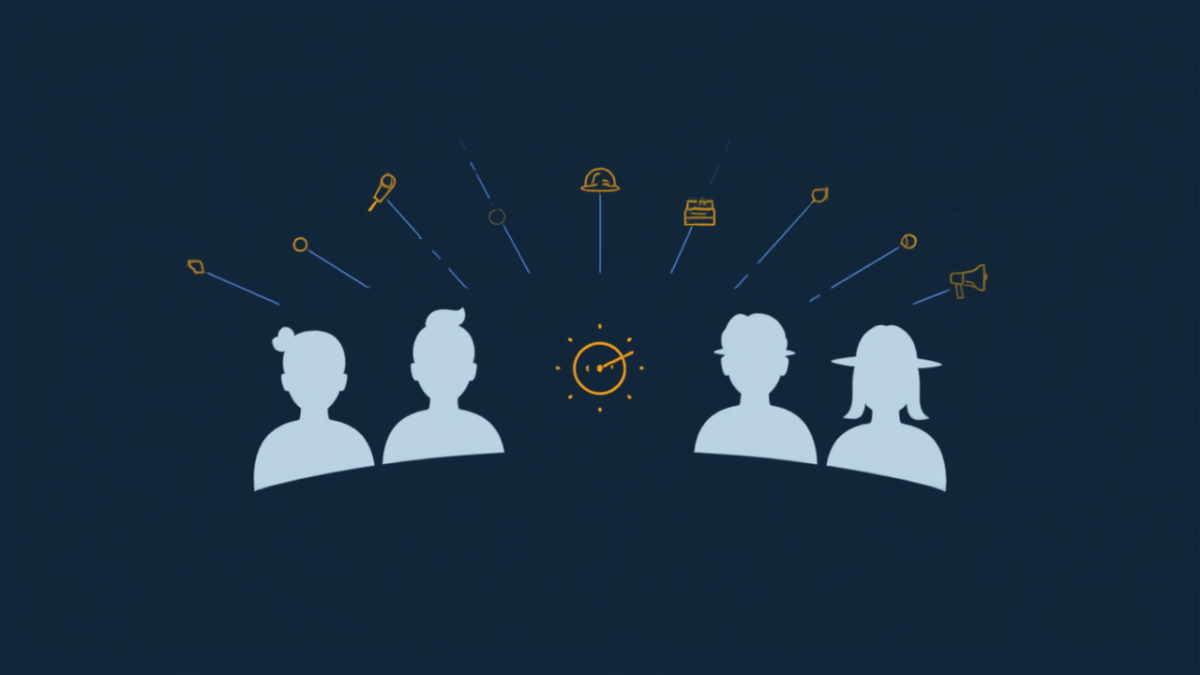 Custom illustration of five diverse professional backgrounds converging toward a central analyst target icon