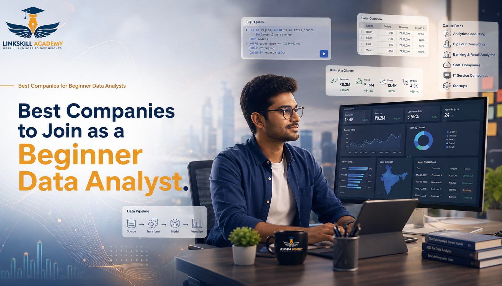 Best companies to join as a beginner data analyst — analyst working at a dashboard with career path options for consulting, banking, SaaS, IT services and startups