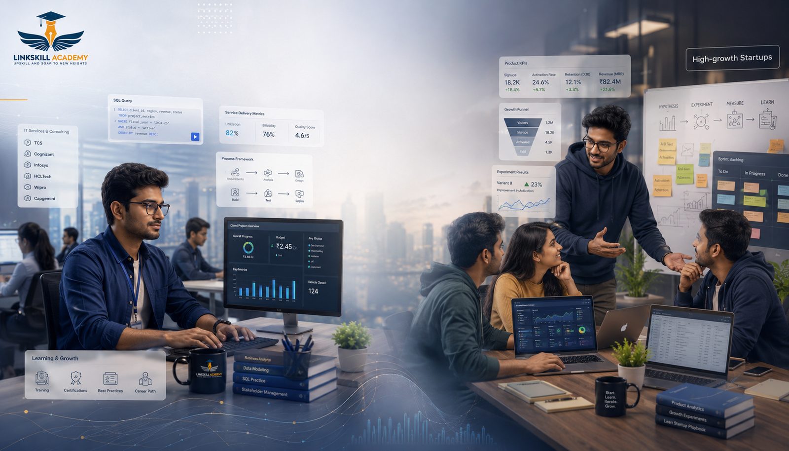 Split screen showing an IT services analyst working on client project dashboards next to a high-growth startup team collaborating on product KPIs and growth experiments