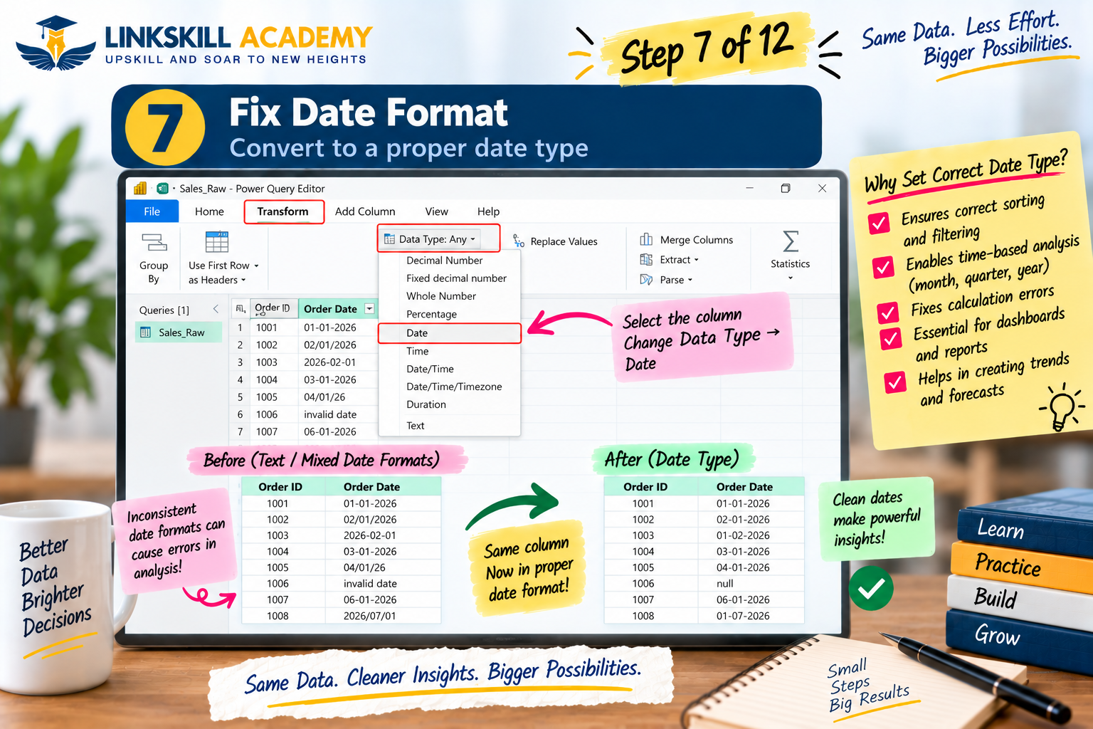 Step 7: Fixing date formats in Power Query by changing column data type to Date