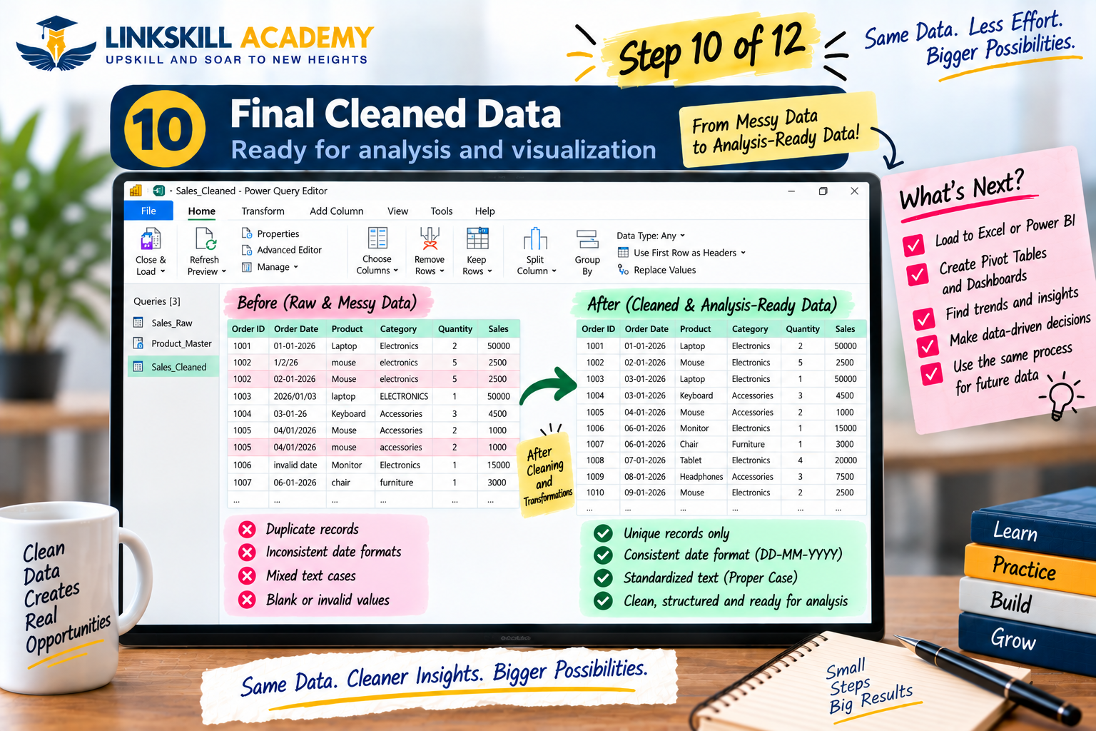 Step 10: Final cleaned dataset in Power Query — consistent formats, no duplicates, no blank rows