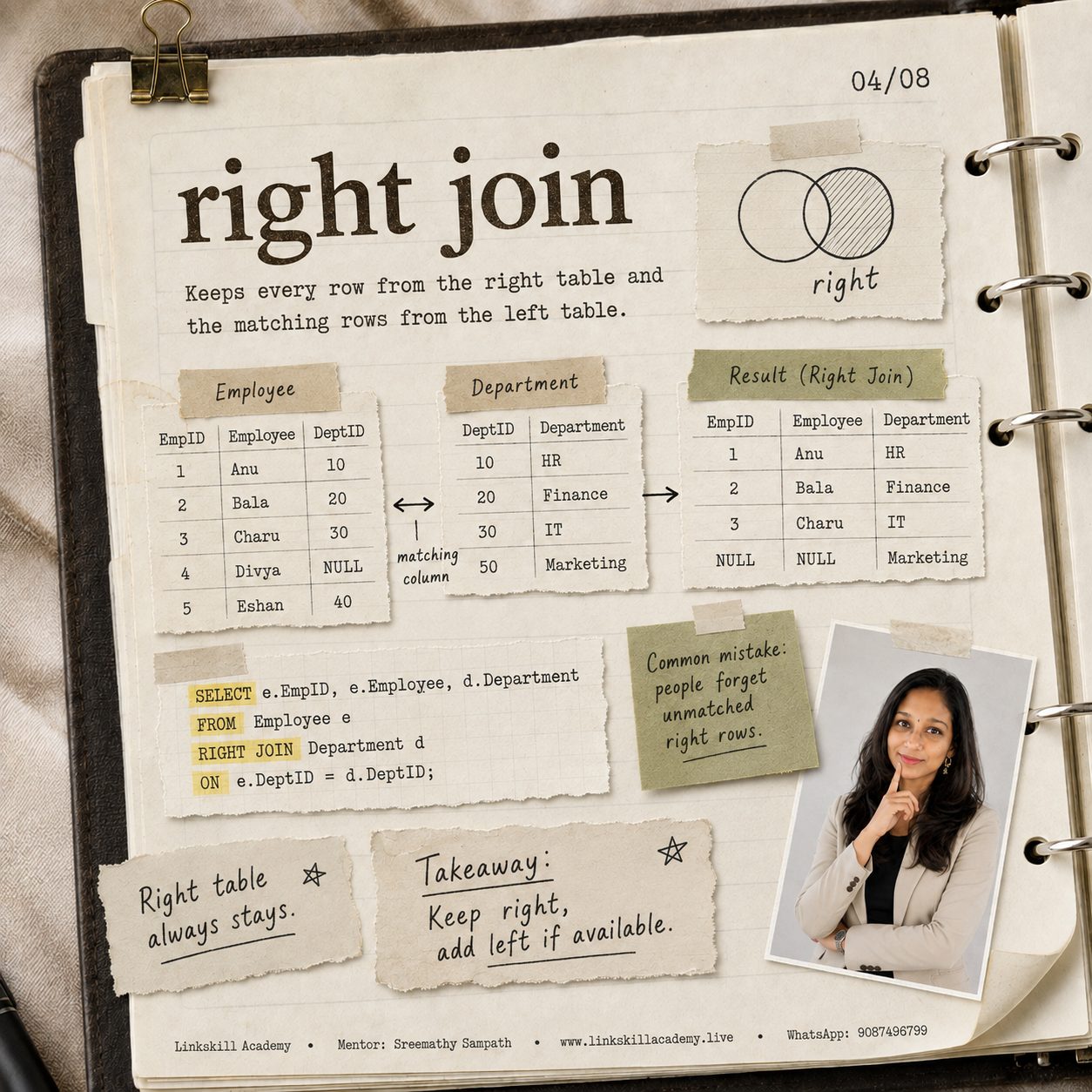 Right Join handwritten journal page: keeps every row from the right table and matching rows from the left table, with example tables and SQL query